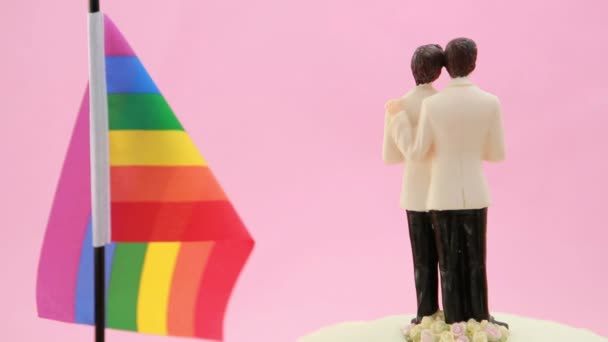 Gay groom cake toppers in front of rainbow flag revolving — Stock Video