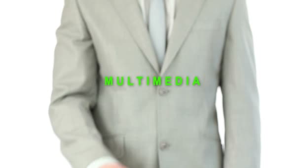 Uomo toccando il pulsante olografico multimemedia — Video Stock