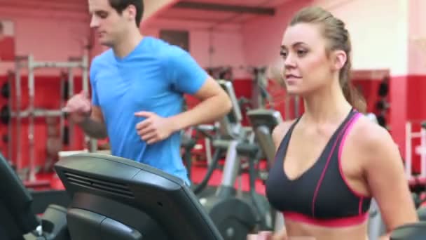 Woman and man running on a treadmill — Stock Video