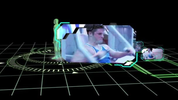 Interface with revolving human body showing various gym clips — Stock Video