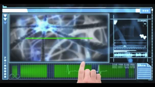 Прокрутка рук через медицинский интерфейс, показывающий нейроны и копипространство — стоковое видео