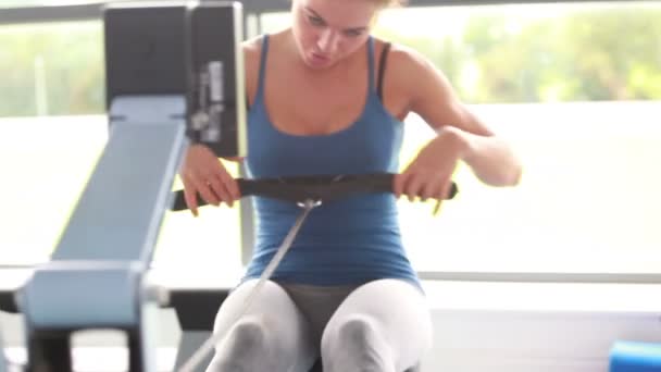 Mujeres entrenando juntas en máquinas de remo — Vídeo de stock