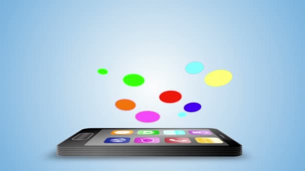 Iconos de aplicación flotando sobre teléfono inteligente negro — Vídeo de stock