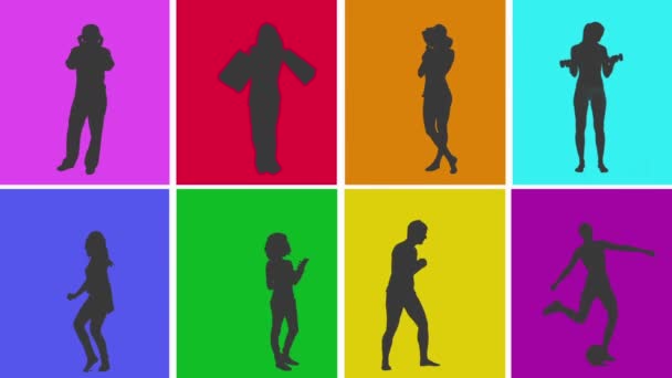 Анимация силуэтов различных по красочной сетке — стоковое видео