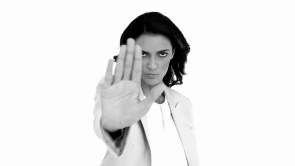 Businesswoman telling you to halt in black and white — Stock Video