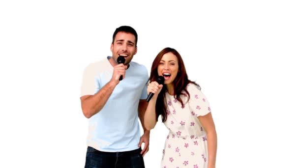 Friends dancing and singing on white background — Stock Video