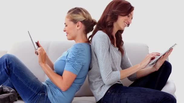 Amigos sentados espalda con espalda usando tableta pc — Vídeo de stock