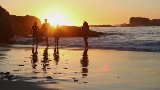 Silhouette di amici che corrono fuori dal mare — Video Stock