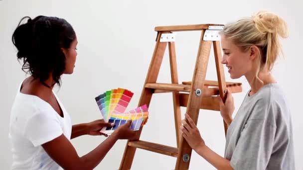 Amigos preguntándose qué color elegir para la pared — Vídeo de stock