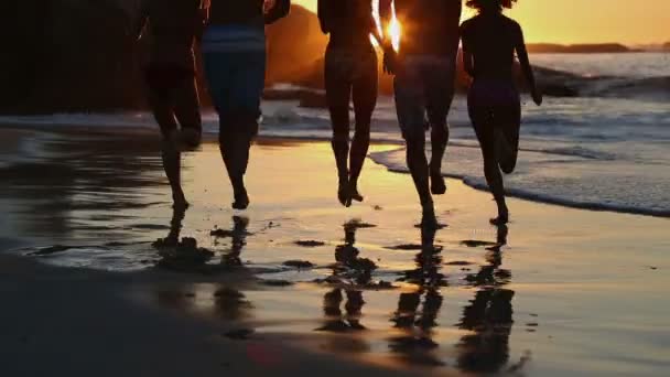 Siluetas de amigos corriendo hacia el mar — Vídeo de stock
