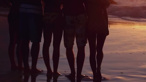 Silhuetas de amigos olhando para o pôr-do-sol brilhante — Vídeo de Stock