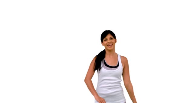 Mujer en forma estirando los brazos y saludando — Vídeos de Stock
