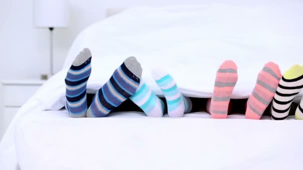 Familys feet in stripey socks kicking under the covers — Wideo stockowe