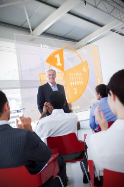 Business clapping stakeholder standing in front of yellow clipart