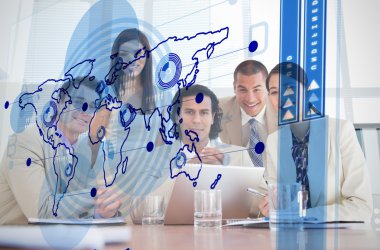 Smiling business workers looking at blue map interface clipart