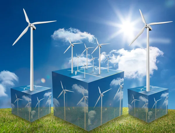 Ветряные турбины на кубиках, показывающие больше ветряных турбин — стоковое фото