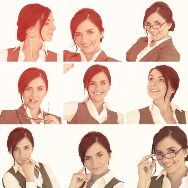 Collage van brunette zakenvrouw in sepia — Stockfoto