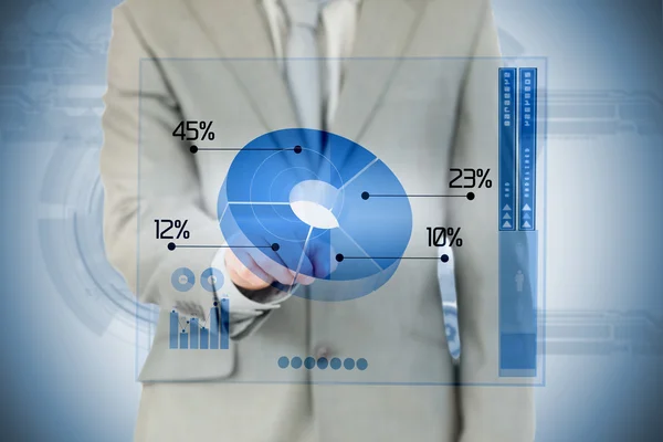 Podnikatel s rozhraním modrý výsečový graf — Stock fotografie