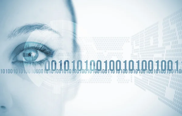Close-up of eye of woman with futuristic background — Stock Photo, Image