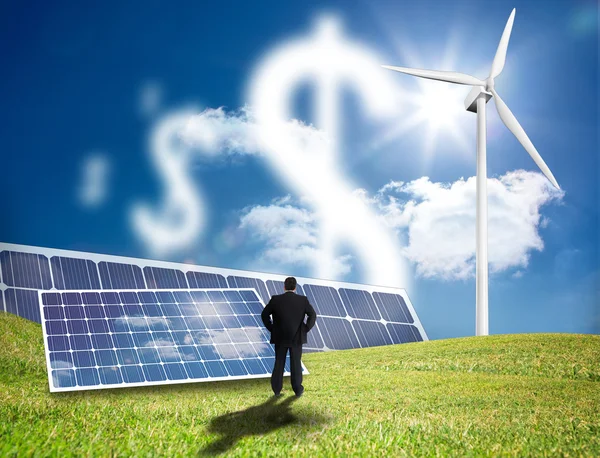 Businessman looking at dollar signs made of clouds — Stock Photo, Image