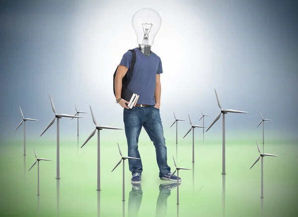 Student with lightbulb head with wind turbines — Stock Photo, Image