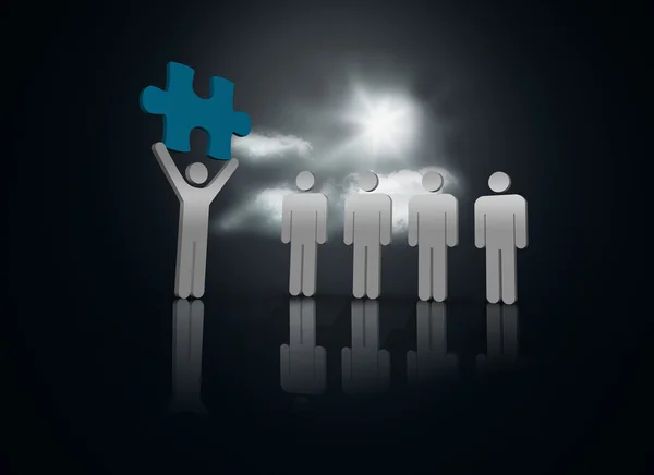Personagem mostrando peça de quebra-cabeça azul para os outros — Fotografia de Stock