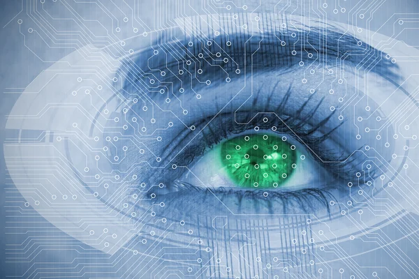 Close up of woman eye over futuristic interface — Stock Photo, Image