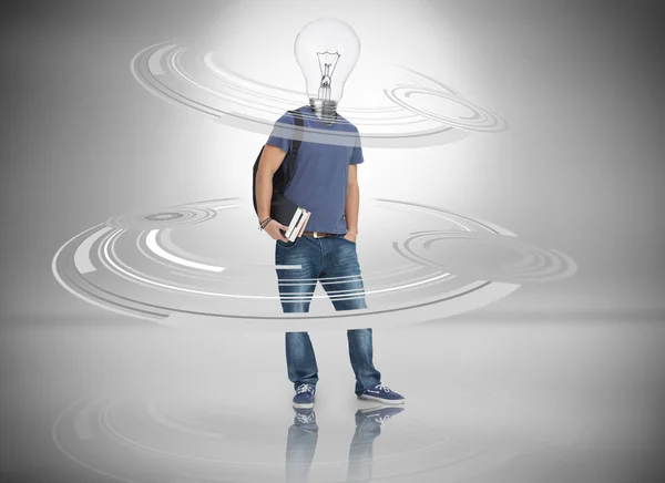 Student with light bulb for a head circled by dials — Stock Photo, Image