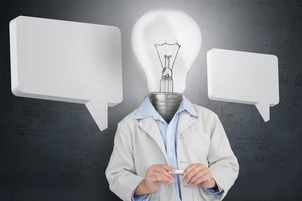 Man with light bulb for a head and two speech bubbles — Stock Photo, Image