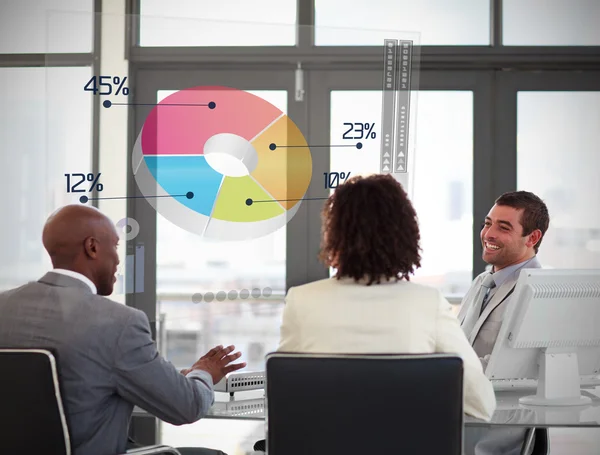 Leende business med färgglada cirkeldiagram på futuristisk jag — Stockfoto