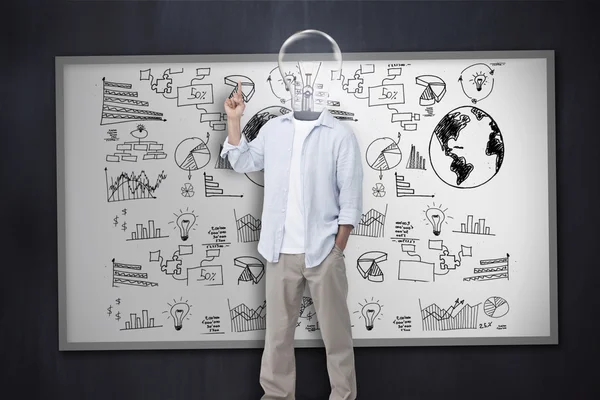 Man with light bulb instead of head in front of white board — Stock Photo, Image