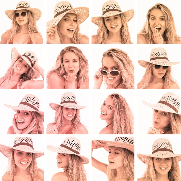 Collage of woman with straw hat and sunglasses — Stock Photo, Image