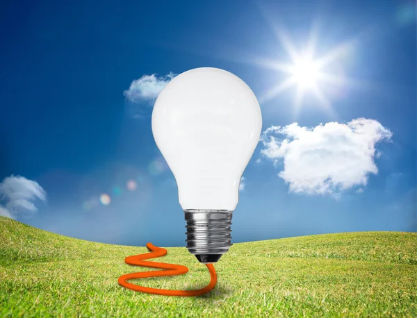 Light bulb floating in a green field — Stock Photo, Image