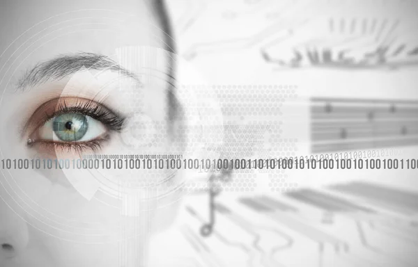 Auge der Frau neben binären Codes aus nächster Nähe — Stockfoto
