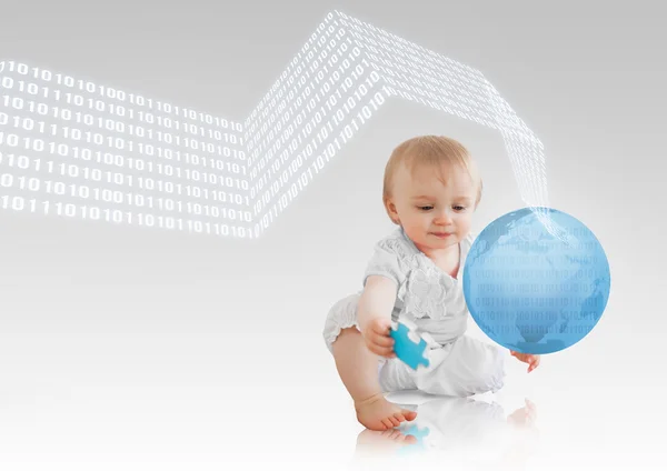 Binaire codes zweven rond een baby met een blauwe planeet — Stockfoto