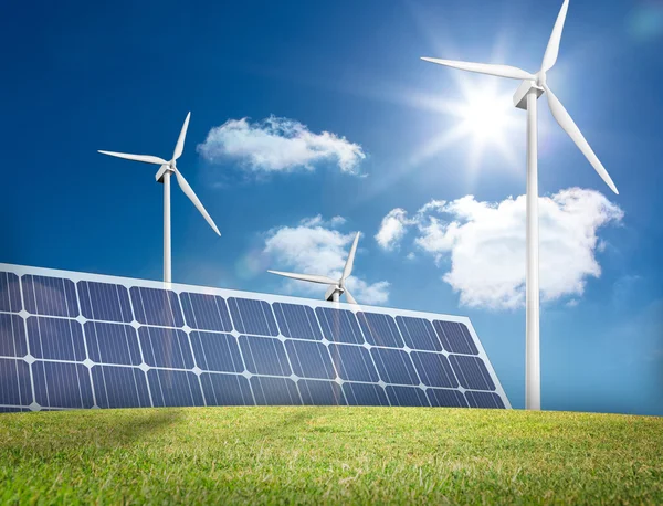 Large solar panel and three wind turbines — Stock Photo, Image