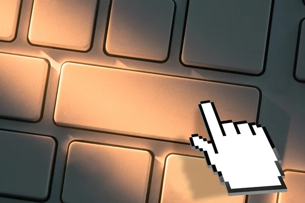 Keyboard with close up on hand symbol touching button — Stock Photo, Image