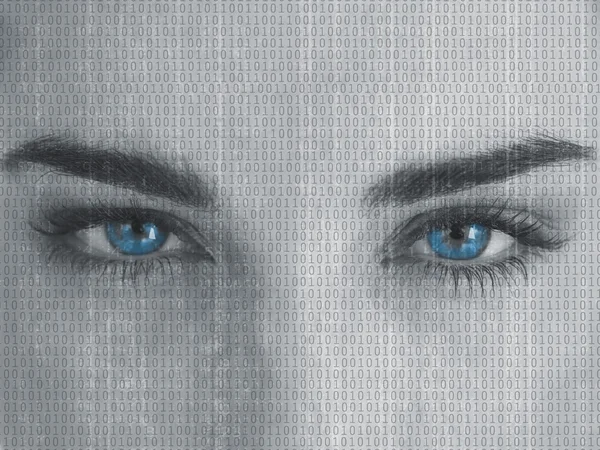 有吸引力的蓝眼睛的女人，脸上的二进制代码 — 图库照片