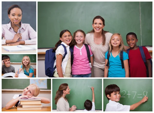 Colagem de alunos e professores do ensino primário — Fotografia de Stock