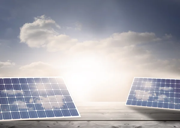 Solar panels on floorboards in the sky — Stock Photo, Image