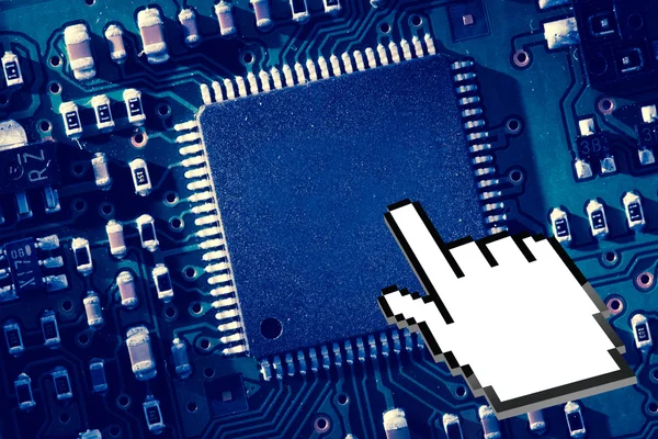 Icon hand pointing out circuit board — Stock Photo, Image