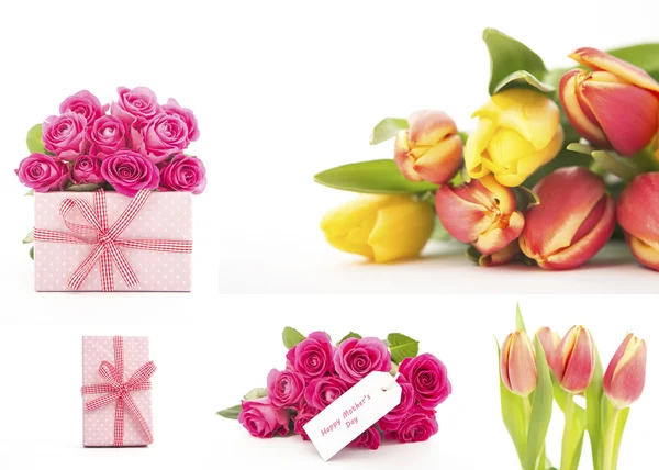 Collage av blommor och presenter — Stockfoto