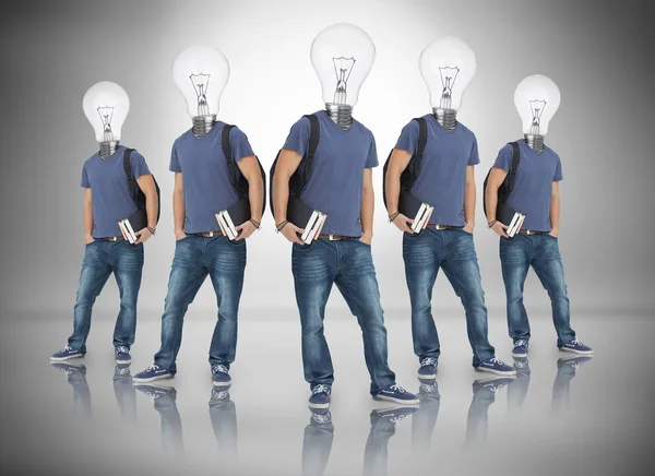 Multiple image of student with light bulb for head — Stock Photo, Image