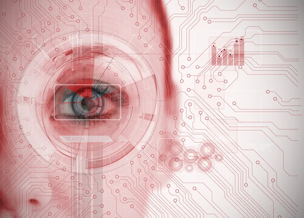 Close up of woman eye analyzing chart interface with circuit boa — Stock Photo, Image