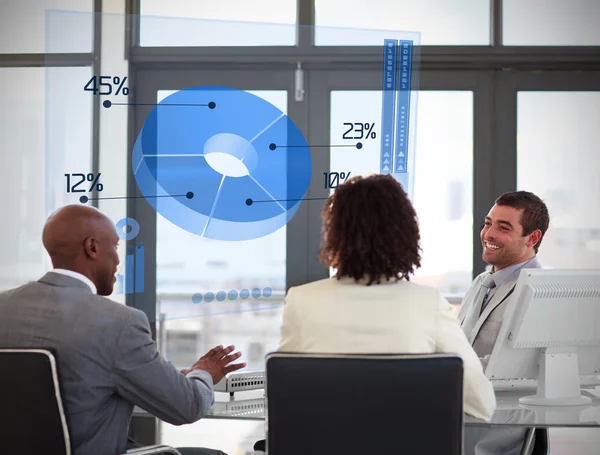 Smiling business using blue pie chart on futuristic inter — Stock Photo, Image