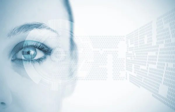 Close up de olho de mulher em azul com fundo futurista — Fotografia de Stock