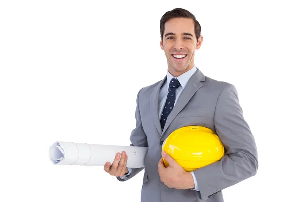 Feliz arquitecto sosteniendo planes y sombrero duro — Foto de Stock