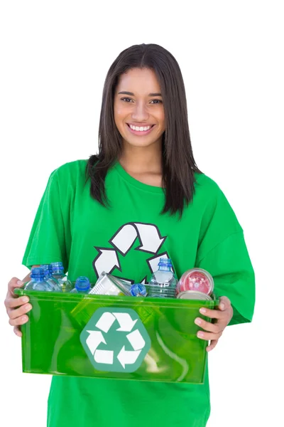 Enivromental activist holding box of recyclables — Stock Photo, Image