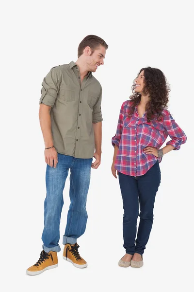 Two stylish friends smiling at the each other — Stock Photo, Image