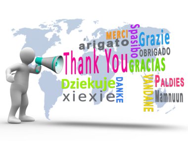 White figure revealing thank you in different languages with a megaphone clipart